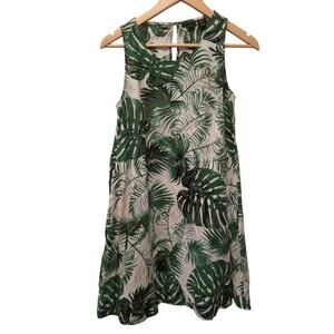 Tahari Monstera Leaf Print 100% Linen Sleeveless Mini Dress Green Tropical Boho